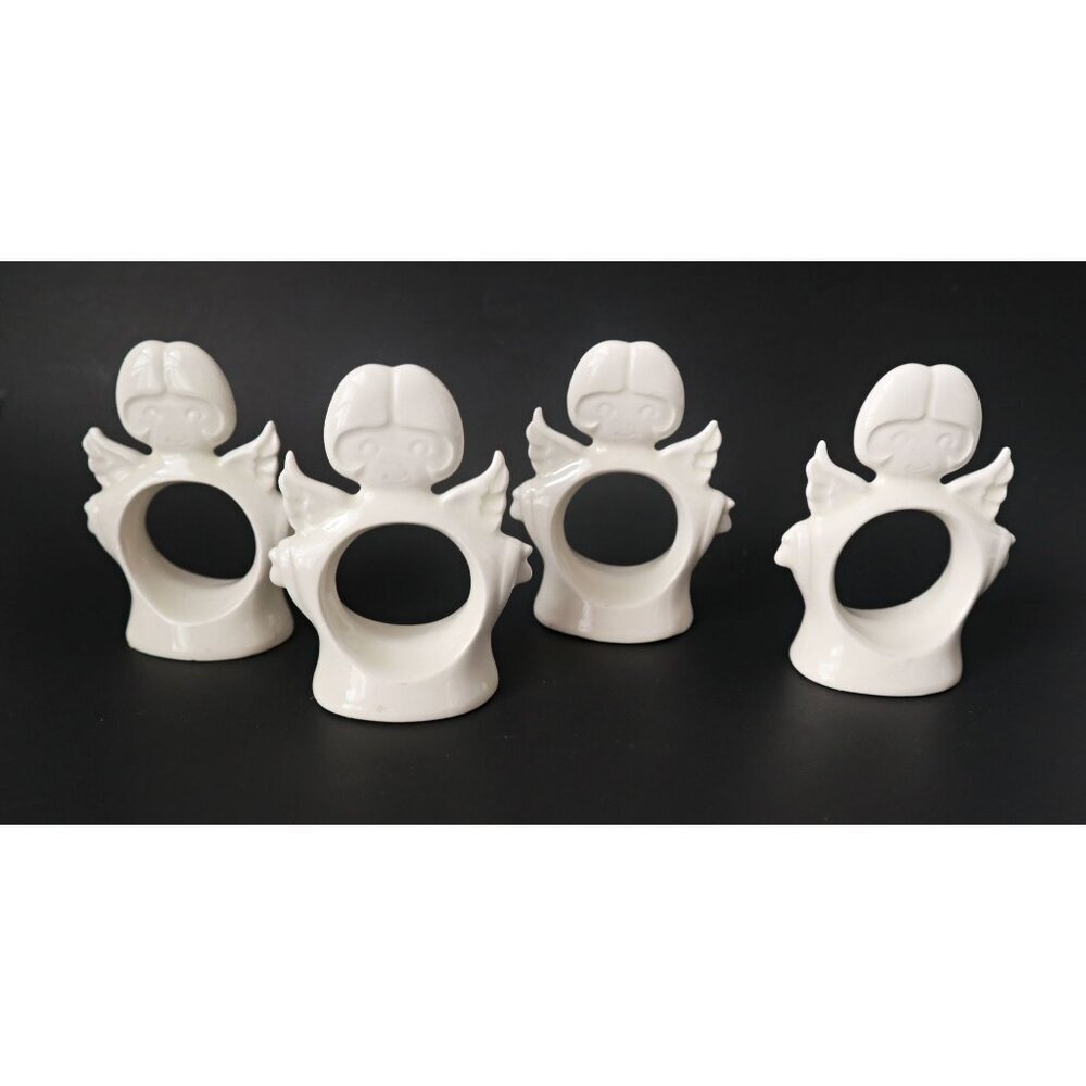 Set of 4 White Glazed Ceramic Christmas Angel Napkin Rings